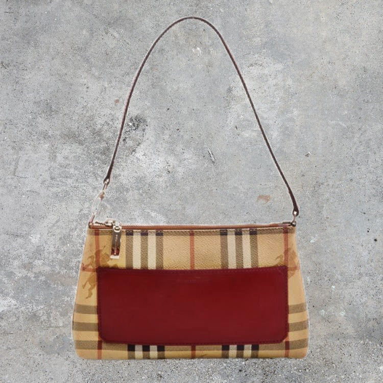 Vintage Burberry Pochette Handbag Nova Check and Red Leather 
