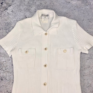 Chanel White Ribbed CC Button Up Top