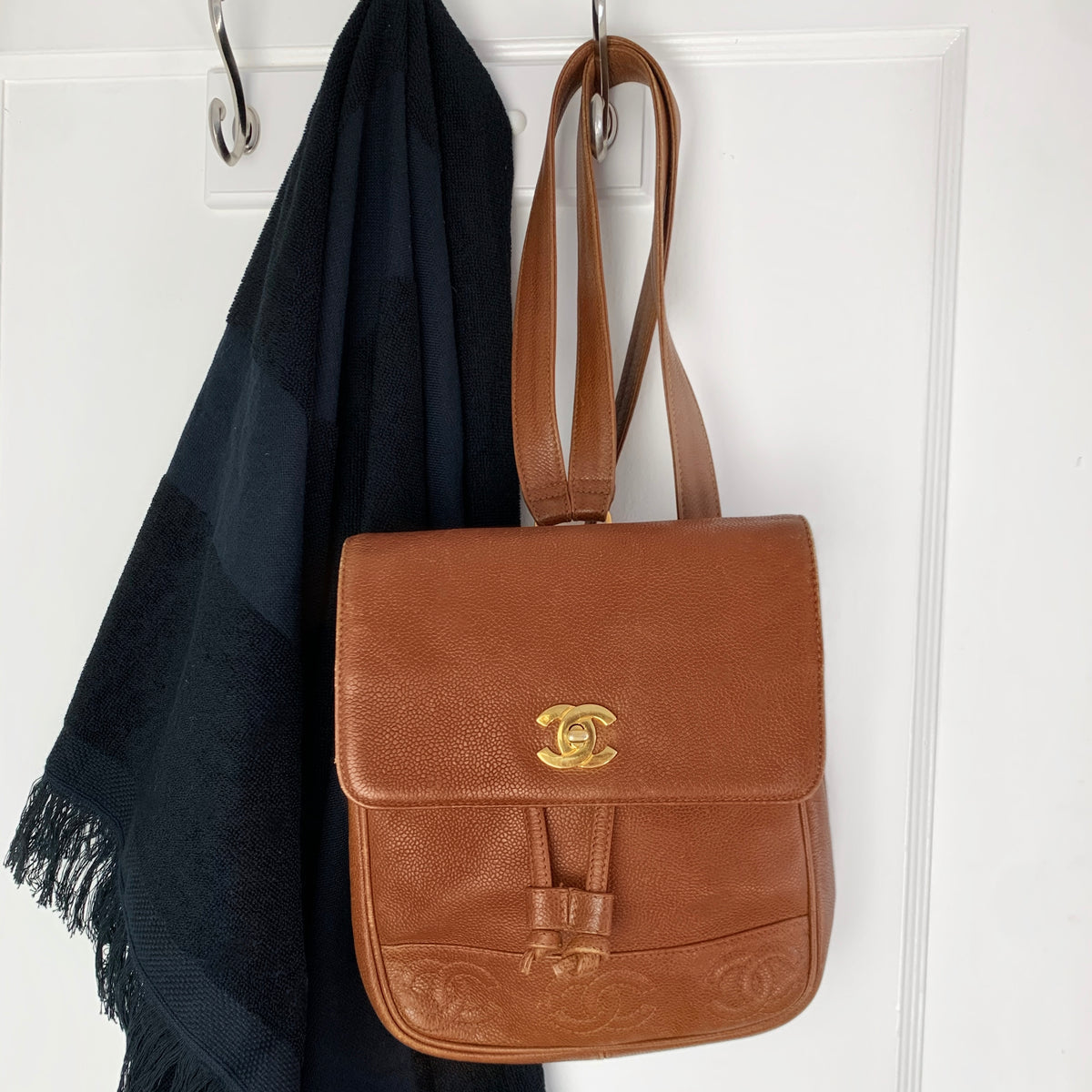 Authentic Chanel vintage Brown Caviar leather backpack