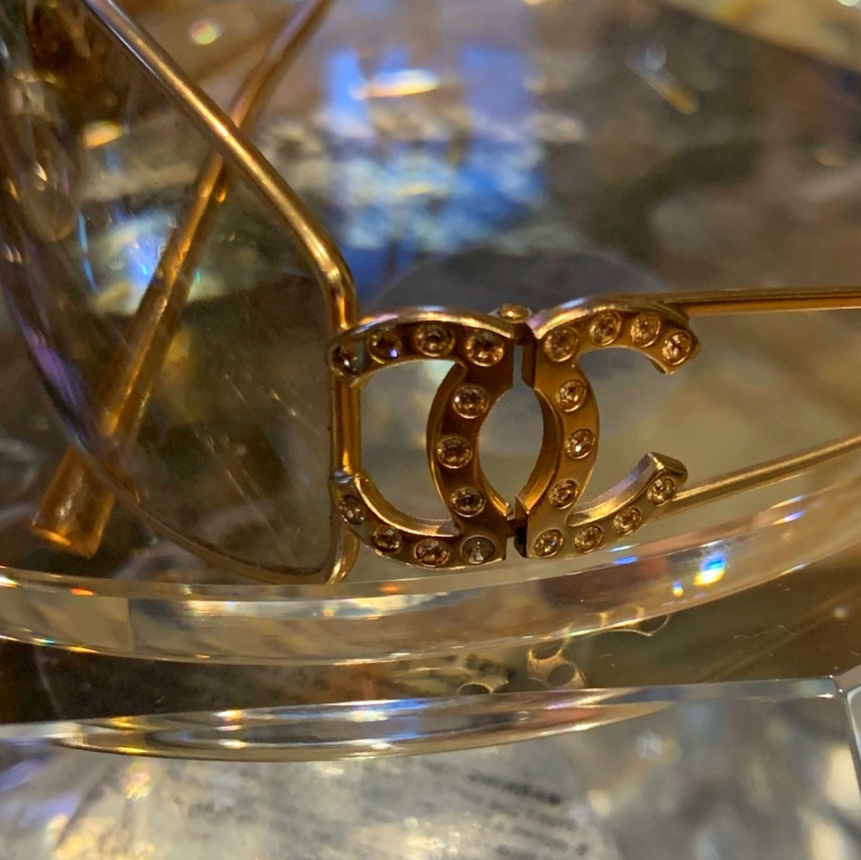 Chanel Logo Rhinestone Shield Sunglasses in Gold – Entourage Vintage