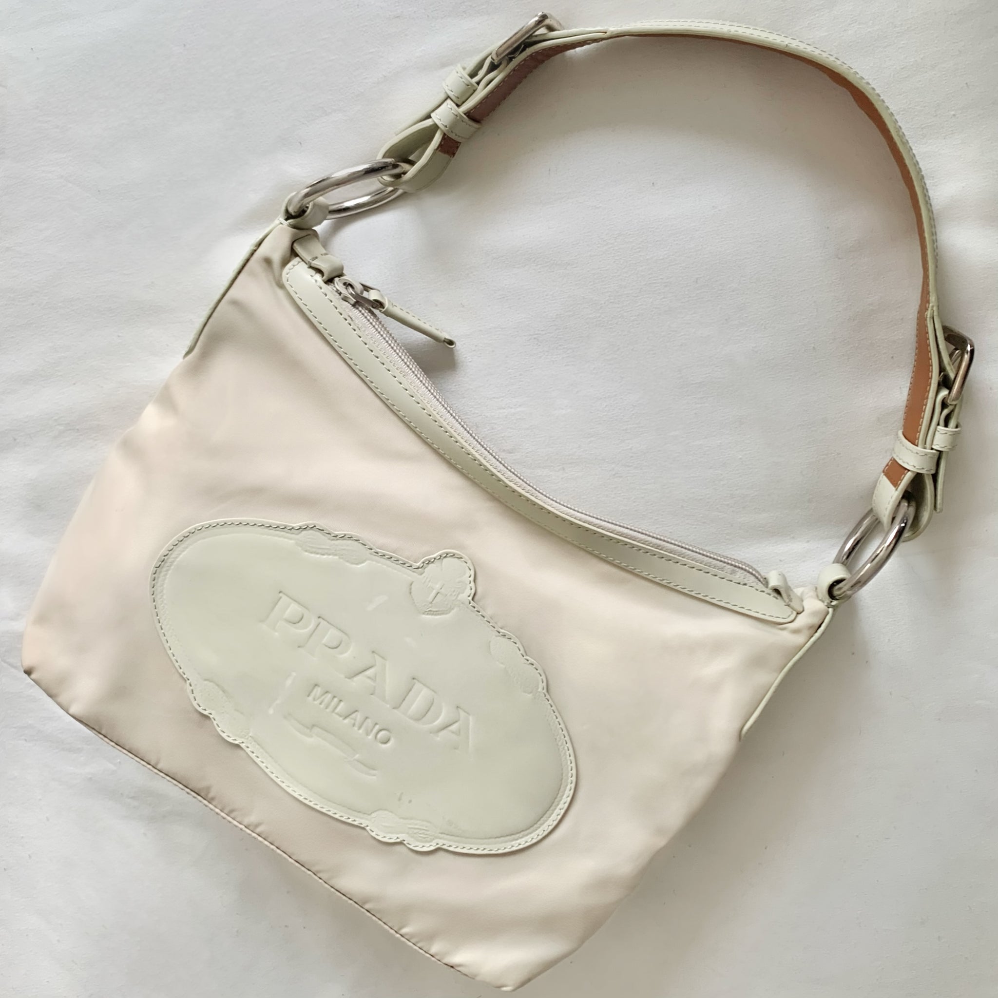 PRADA Triangle Logo Nylon Leather Handbag Hobo bag Beige Vintage